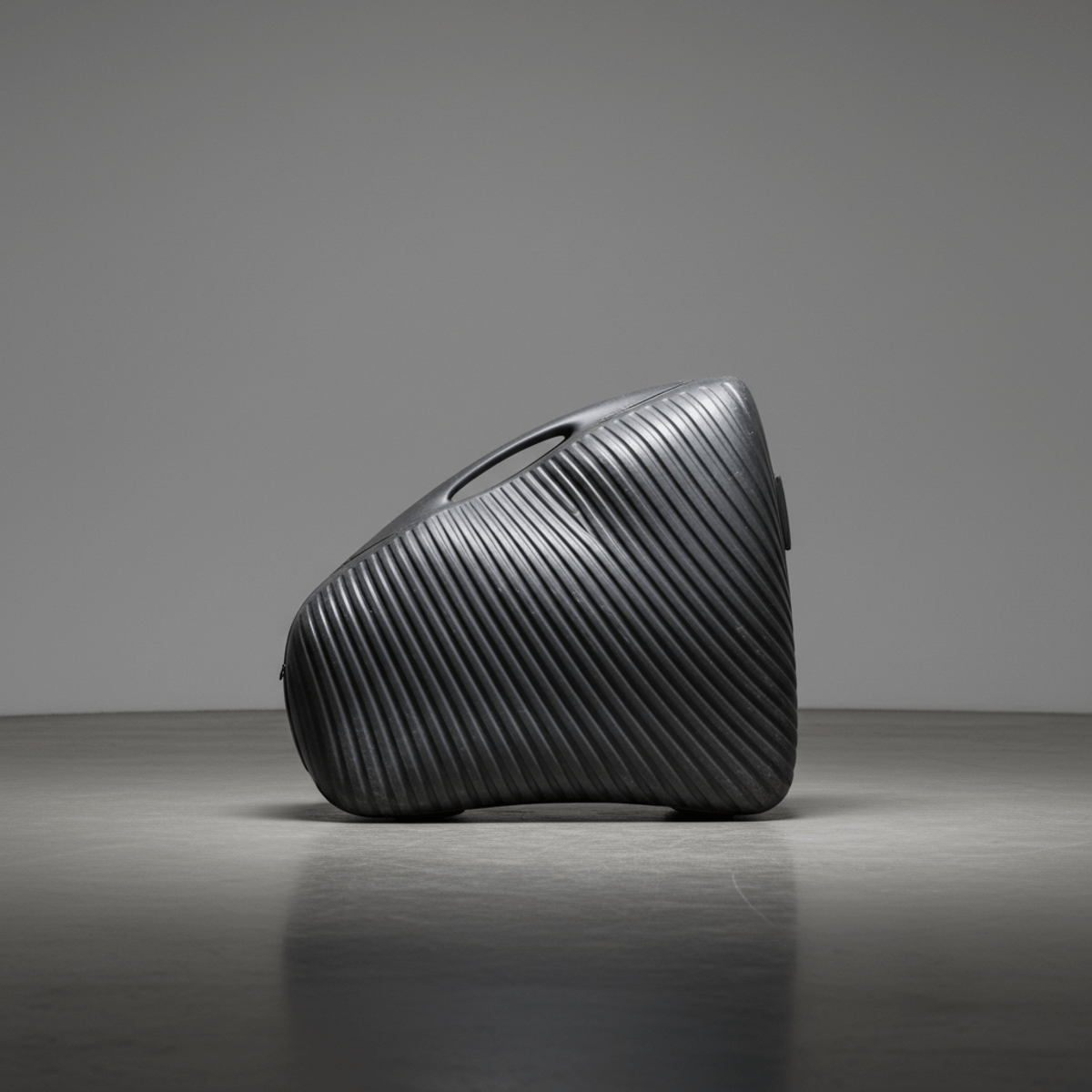 Matte charcoal sculptural trolley bag with organic silhouette Futuristic sculptural trolley bag with wave-like ridges on a concrete floor.
