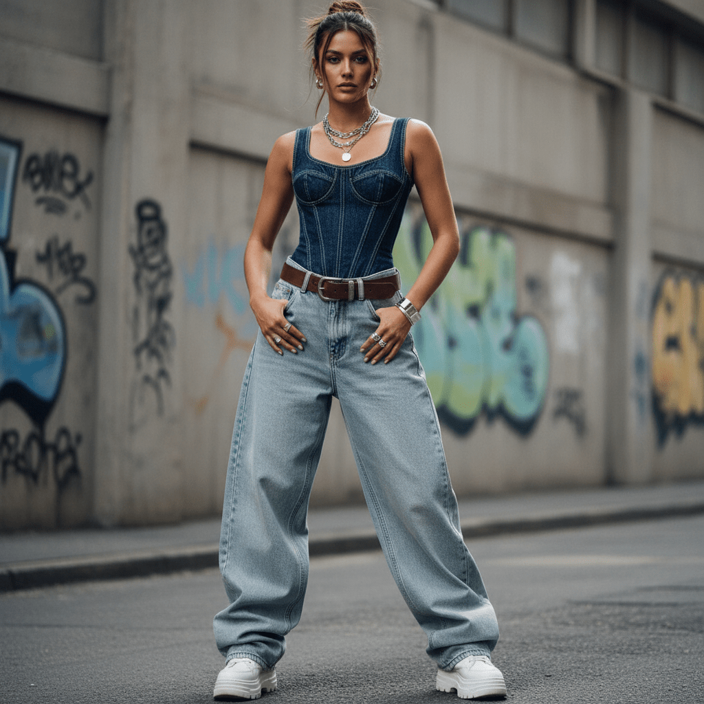 Woman in dark denim corset and ultra-wide-leg jeans on urban street.