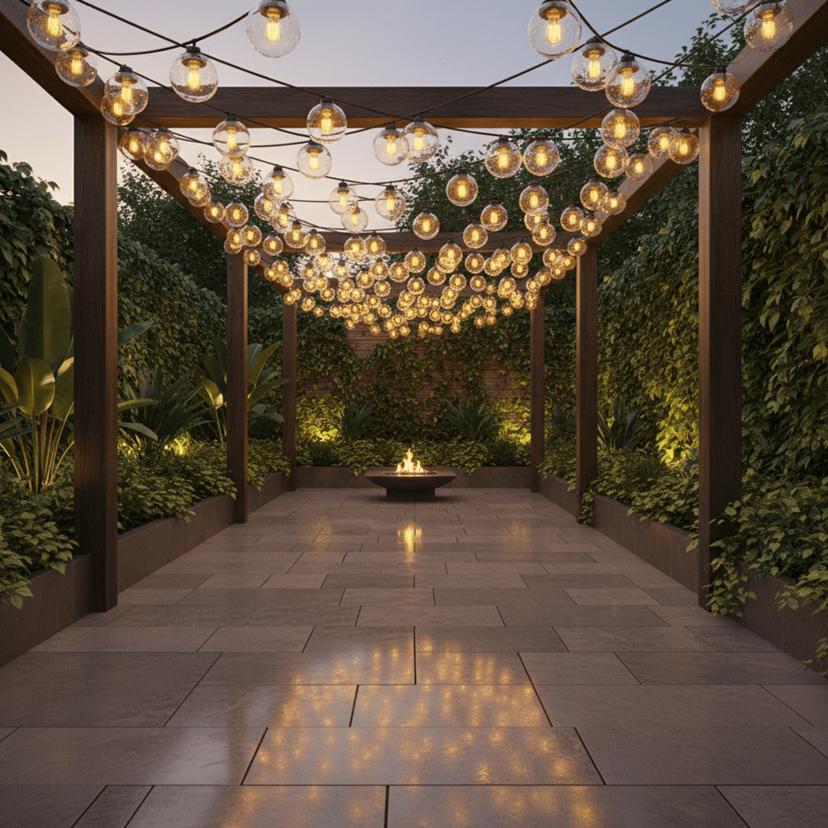 Outdoor patio at twilight with solar Edison bulbs illuminating lush greenery.