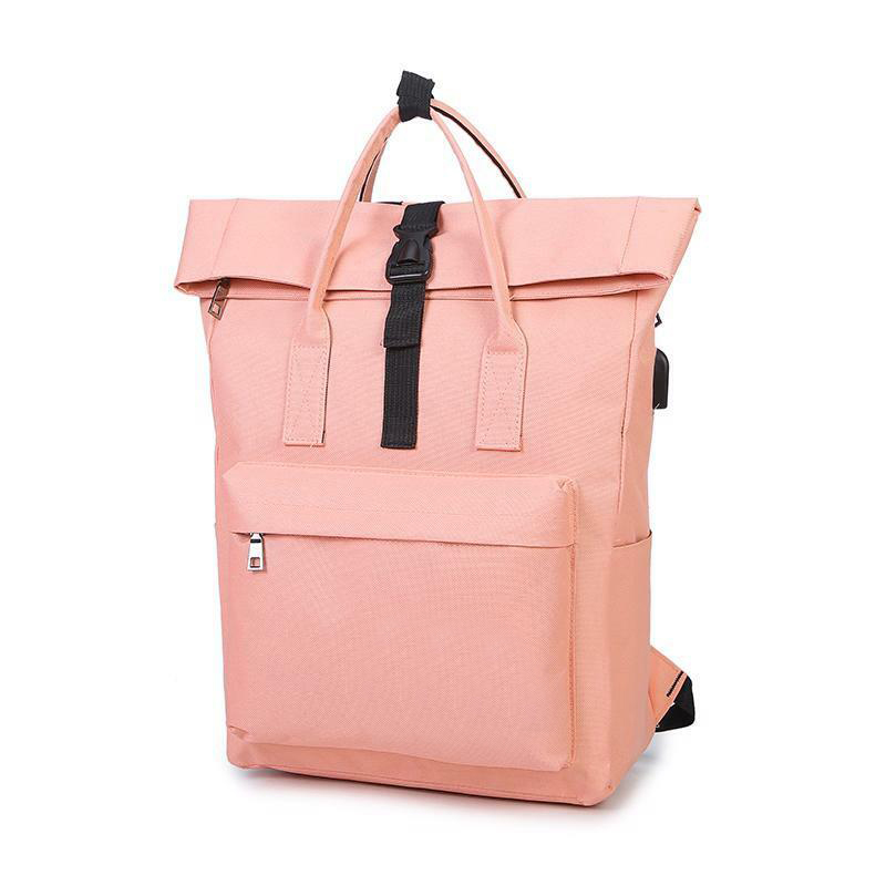 USB 충전으로 핑크 재활용 rpet 롤탑 배낭 패션 롤업 여행 배낭 데이팩