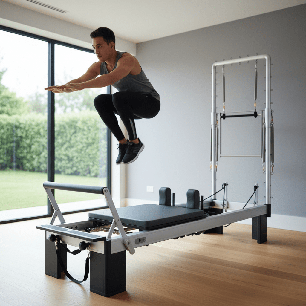 Athlete performing plyometric jumps on a modern pilates reformer with a vertical tower.