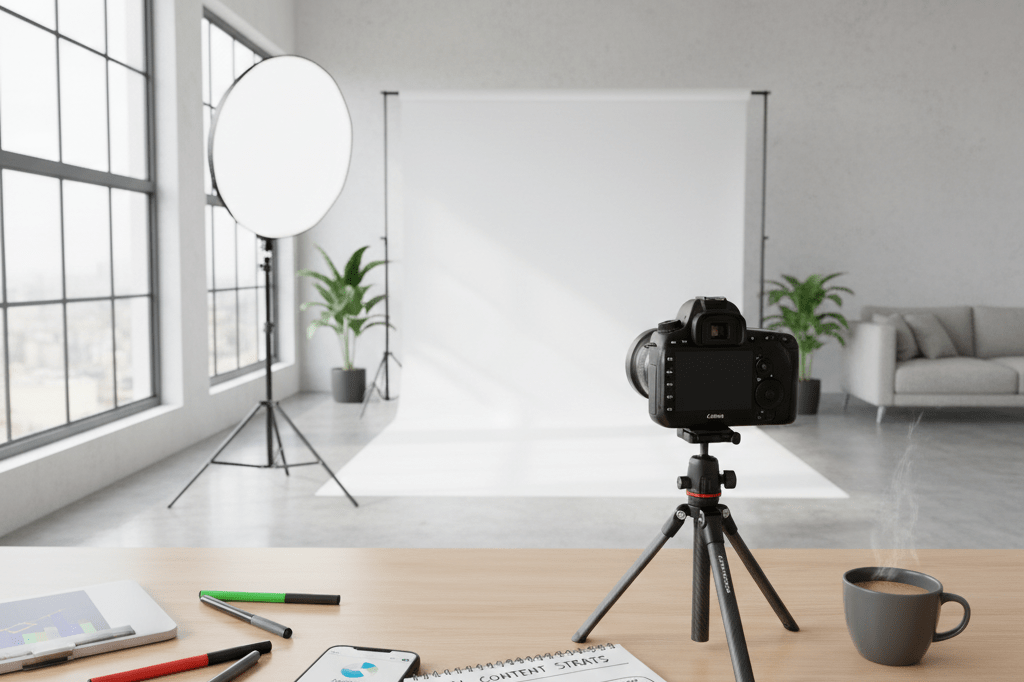 Wide-angle view of a creative studio with tools for developing viral marketing campaigns under natural lighting