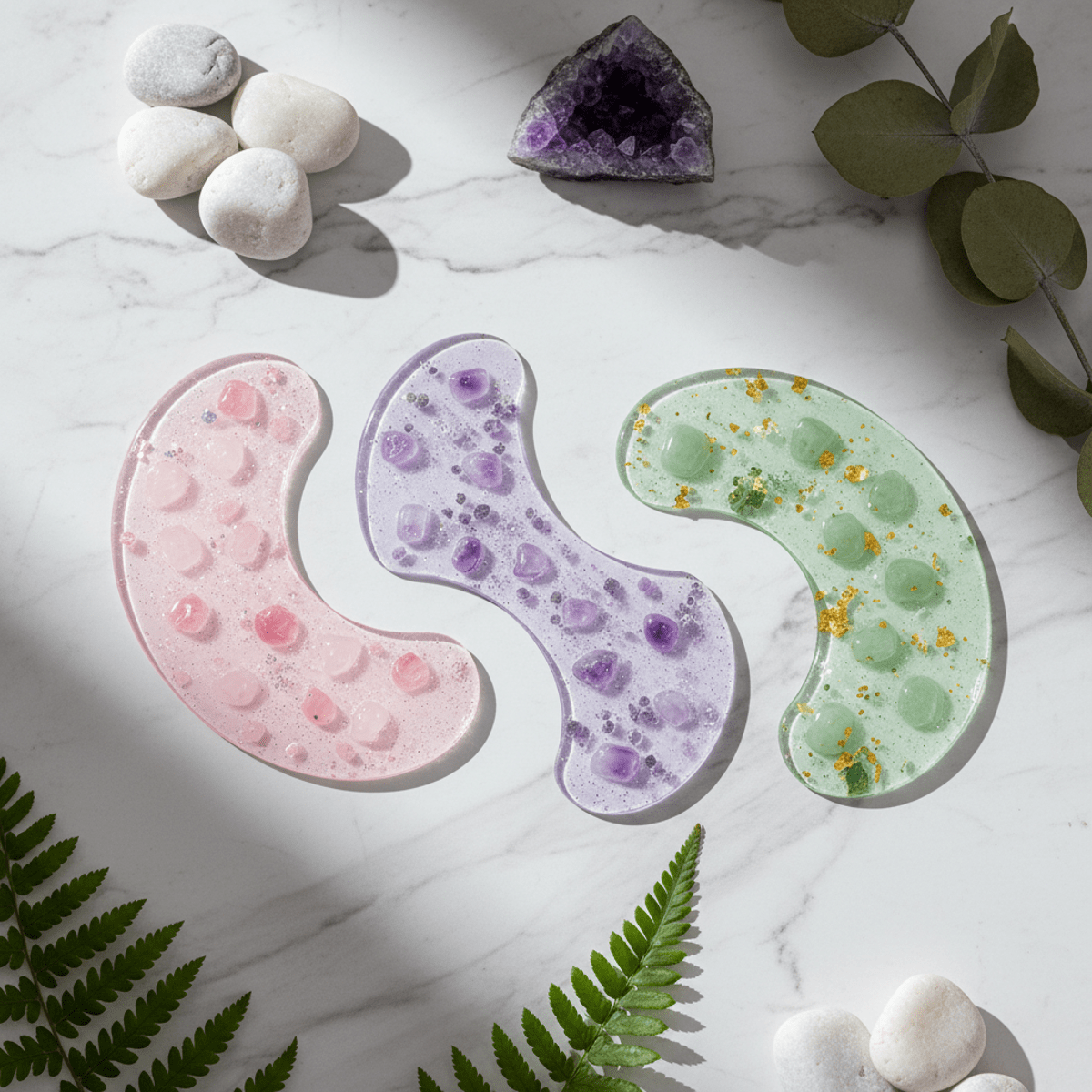 Crystal-infused nose strips with rose quartz, amethyst, and jade on marble.