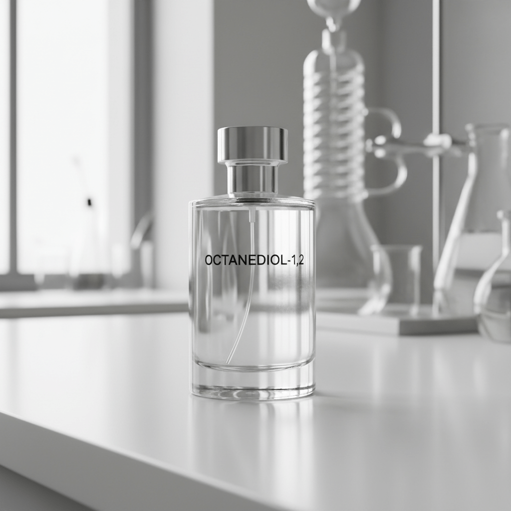 Clear glass cologne bottle with etched molecule name on a lab table.