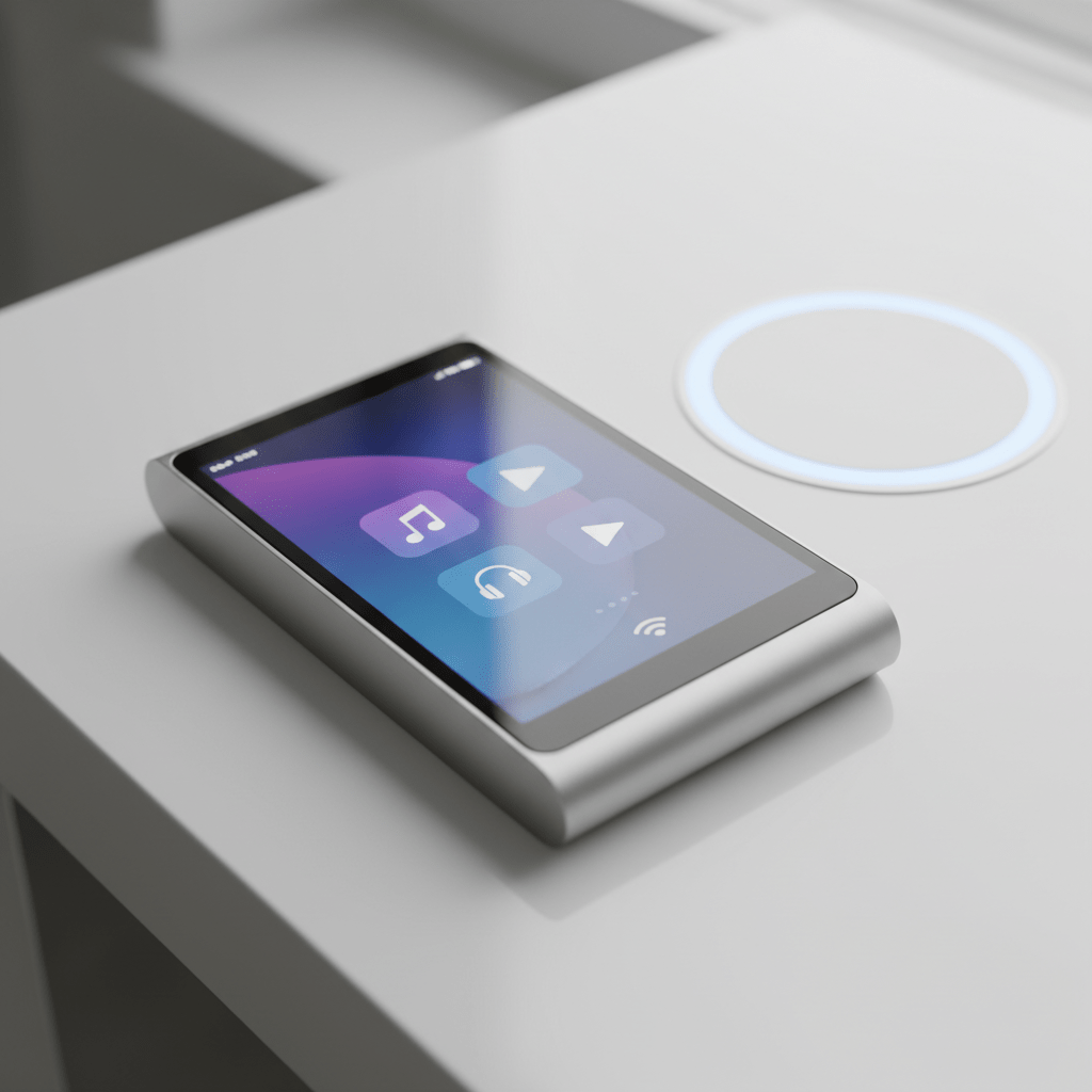 Sleek futuristic mp3 player with a vibrant edge-to-edge display on a white table.