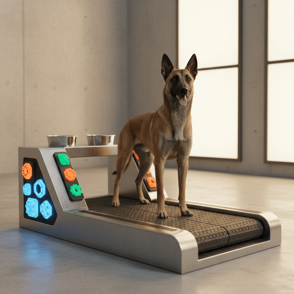 Futuristic dog treadmill station with interactive toys and elevated feeding bowls.