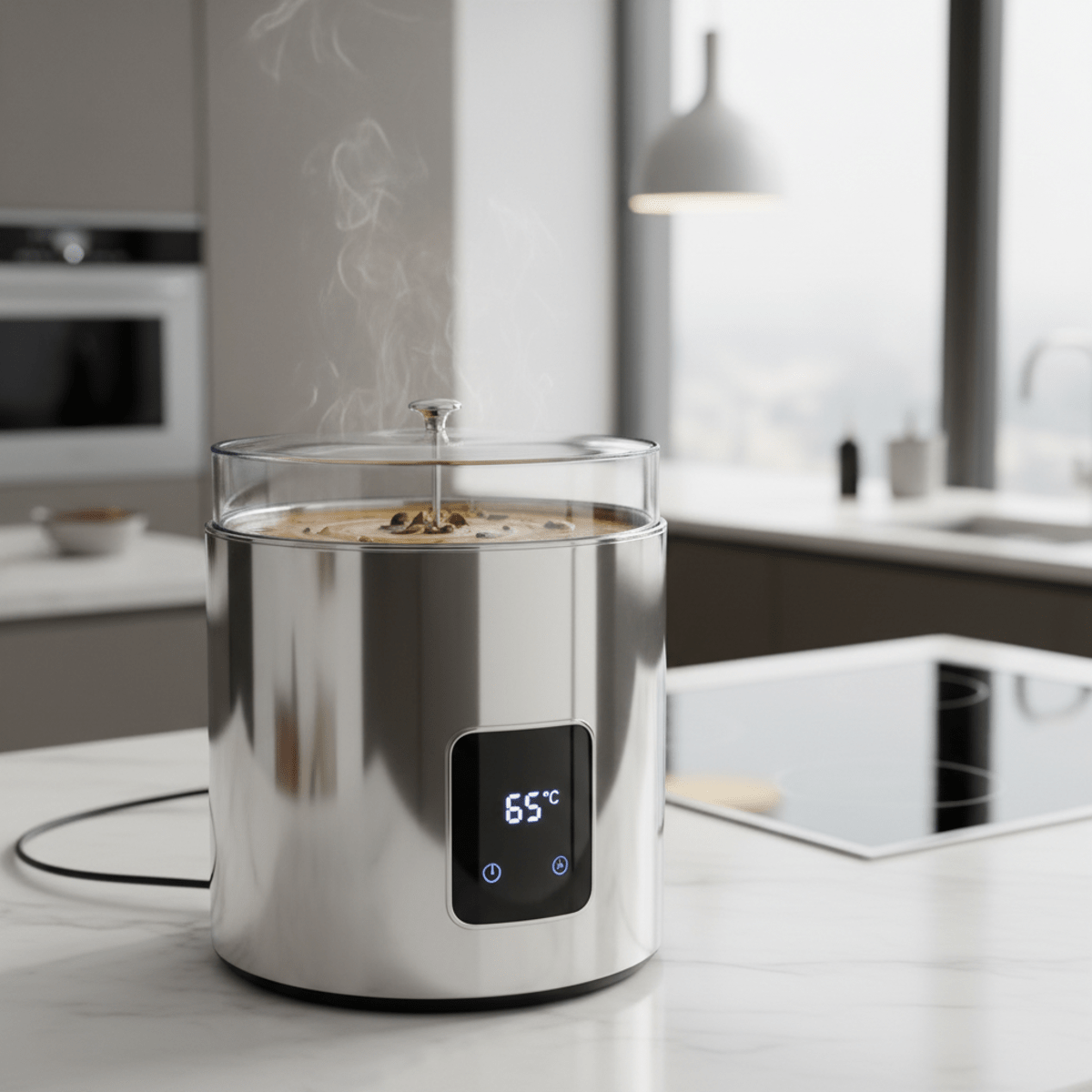 Polished stainless steel soup warmer with digital display on marble countertop.