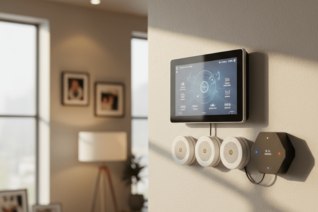 Interconnected fire safety devices and smart hub on a wall under natural light, showcasing comprehensive home protection solutions