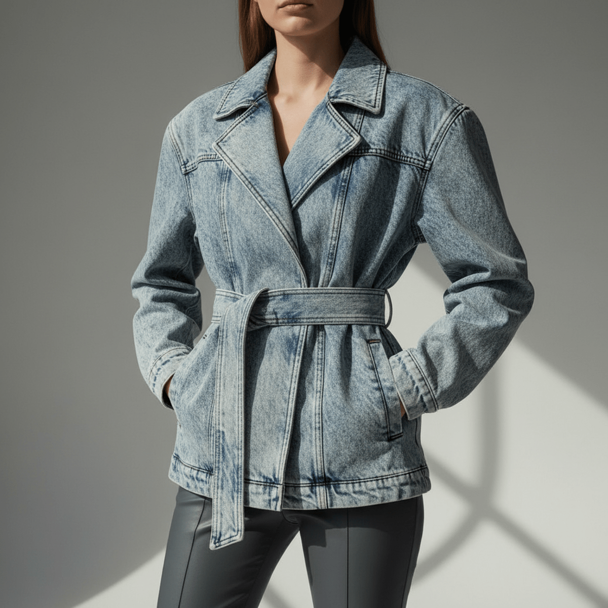 Structured acid wash denim jacket reimagined for 2026 with soft marbling patterns.