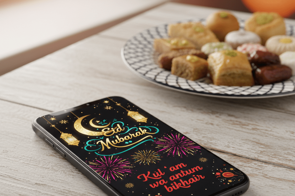 Modern smartphone showcasing vibrant Eid al-Fitr greetings under natural light, symbolizing cultural connection and celebration