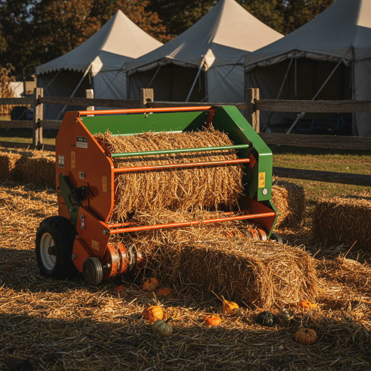 Mini round baler compacting organic materials at a pumpkin patch festival.