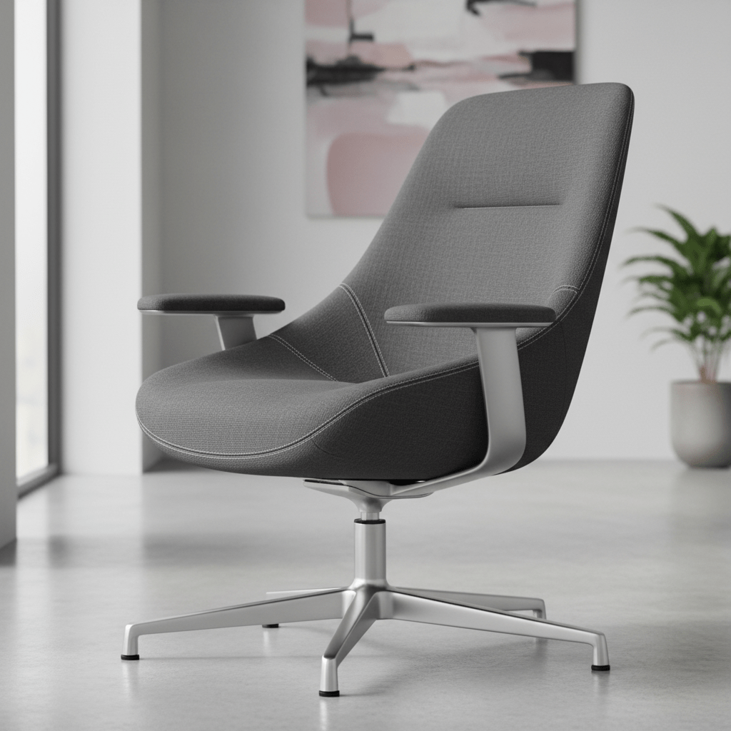 Contemporary ergonomic office chair upholstered in textured charcoal fabric.
