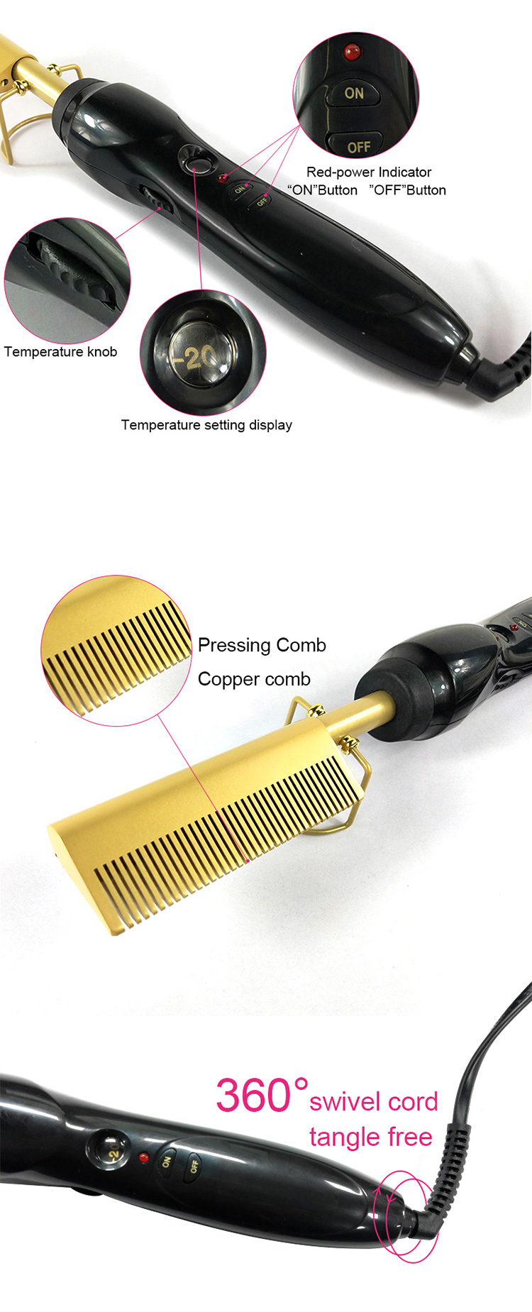 Wholesale amazon private label logo gold peigne chauffant cheveux,hair straightener professional electric pink hot comb brush