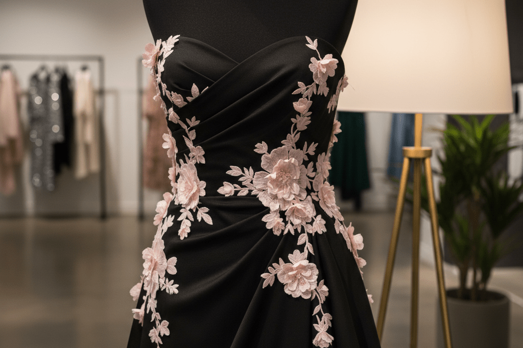 Close-up view of a black strapless gown featuring pale-pink floral details under warm ambient light, highlighting visual discord