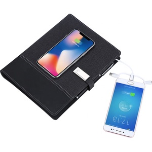 custom leather wireless charger planner notebook with powerbank and usb