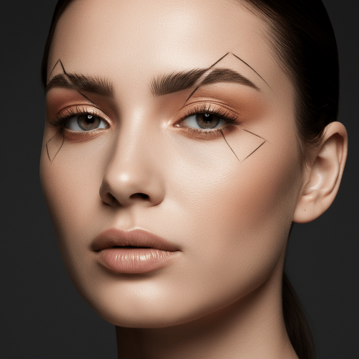 Model with avant-garde straightened eyebrows, negative space, and dramatic contrast.