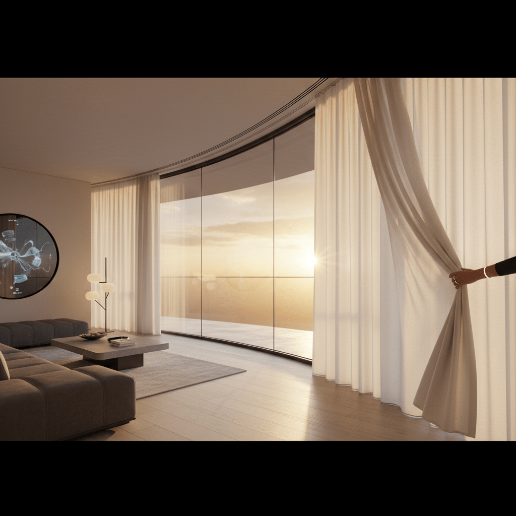 Automatic curtains in a futuristic apartment with a hand initiating smooth motorized motion.