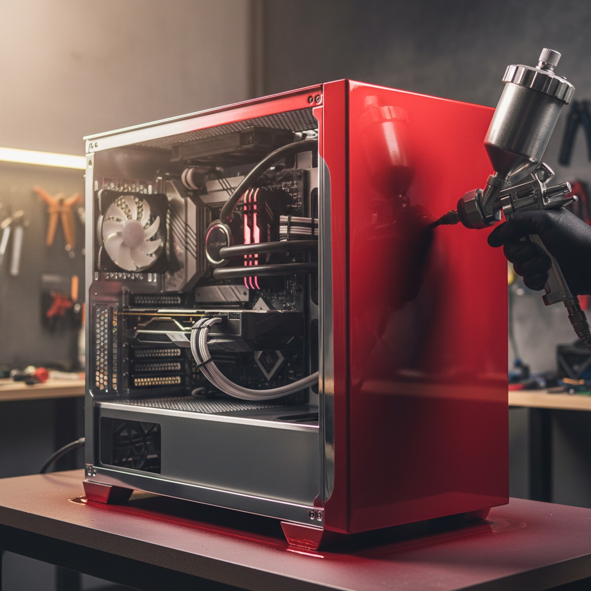Custom PC case with metallic chrome and candy apple red finish, showing internal hardware.