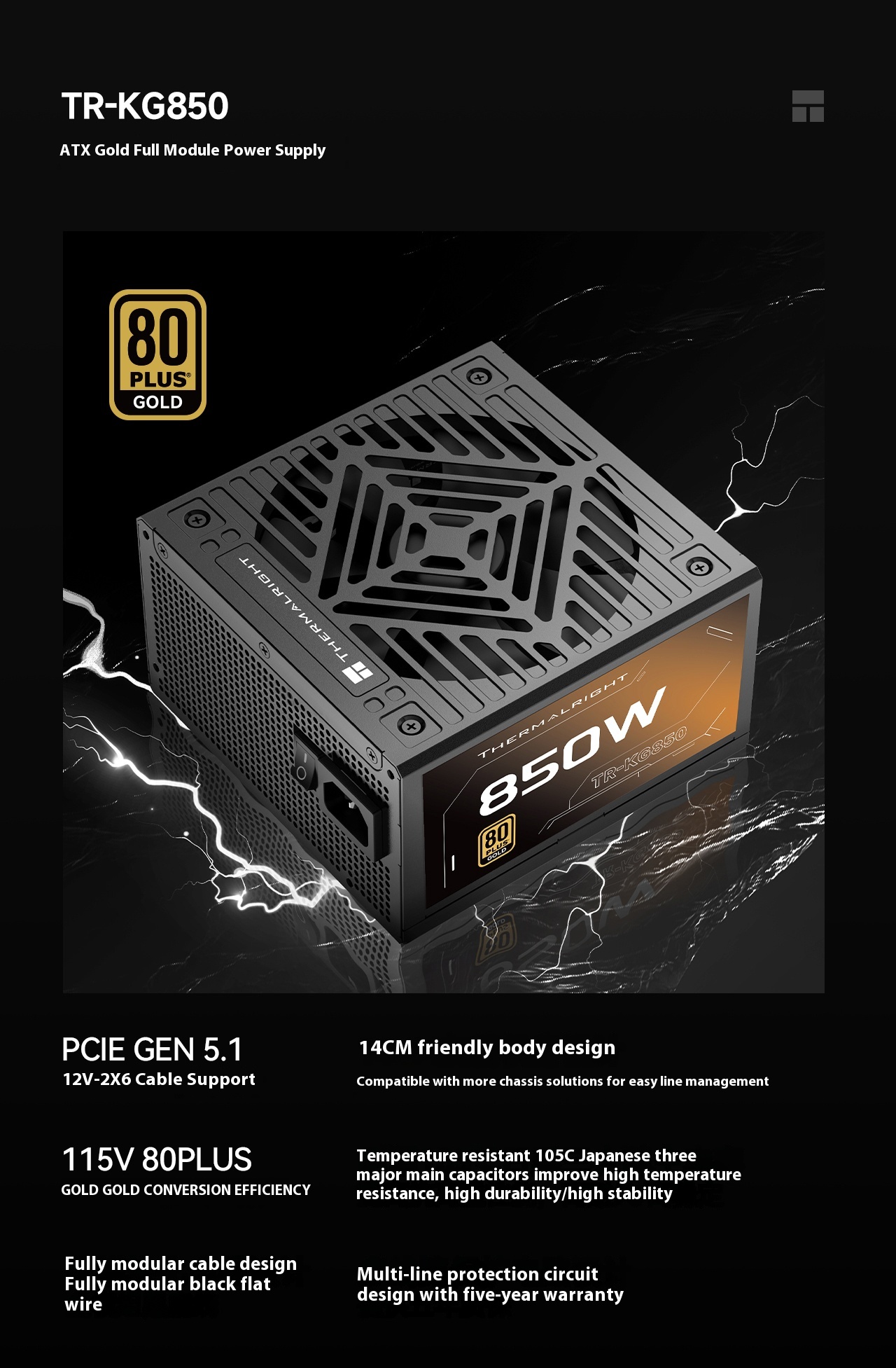 Thermalright TR-KG850 850W ATX3.1 Gold PC Power Supply - Reliable