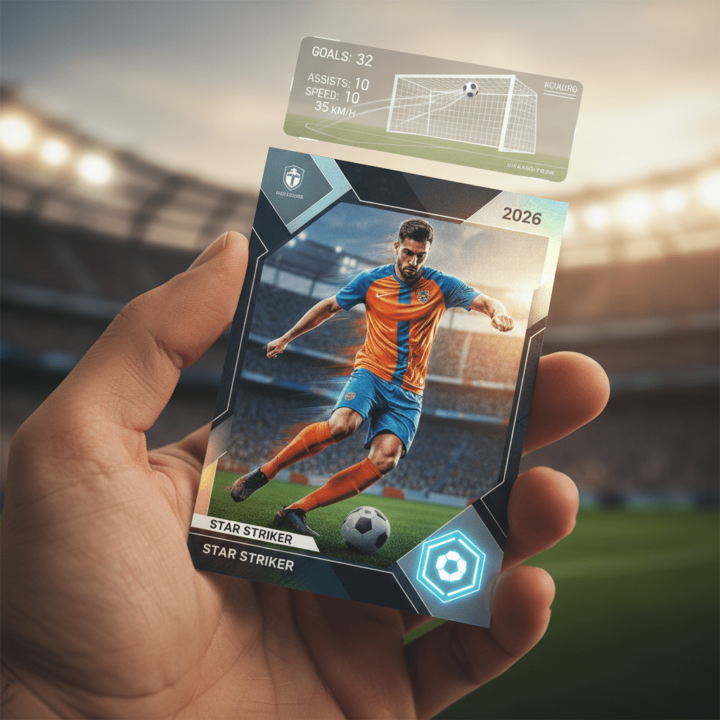 Futuristic football card with AR graphics showing goal highlights and stats.