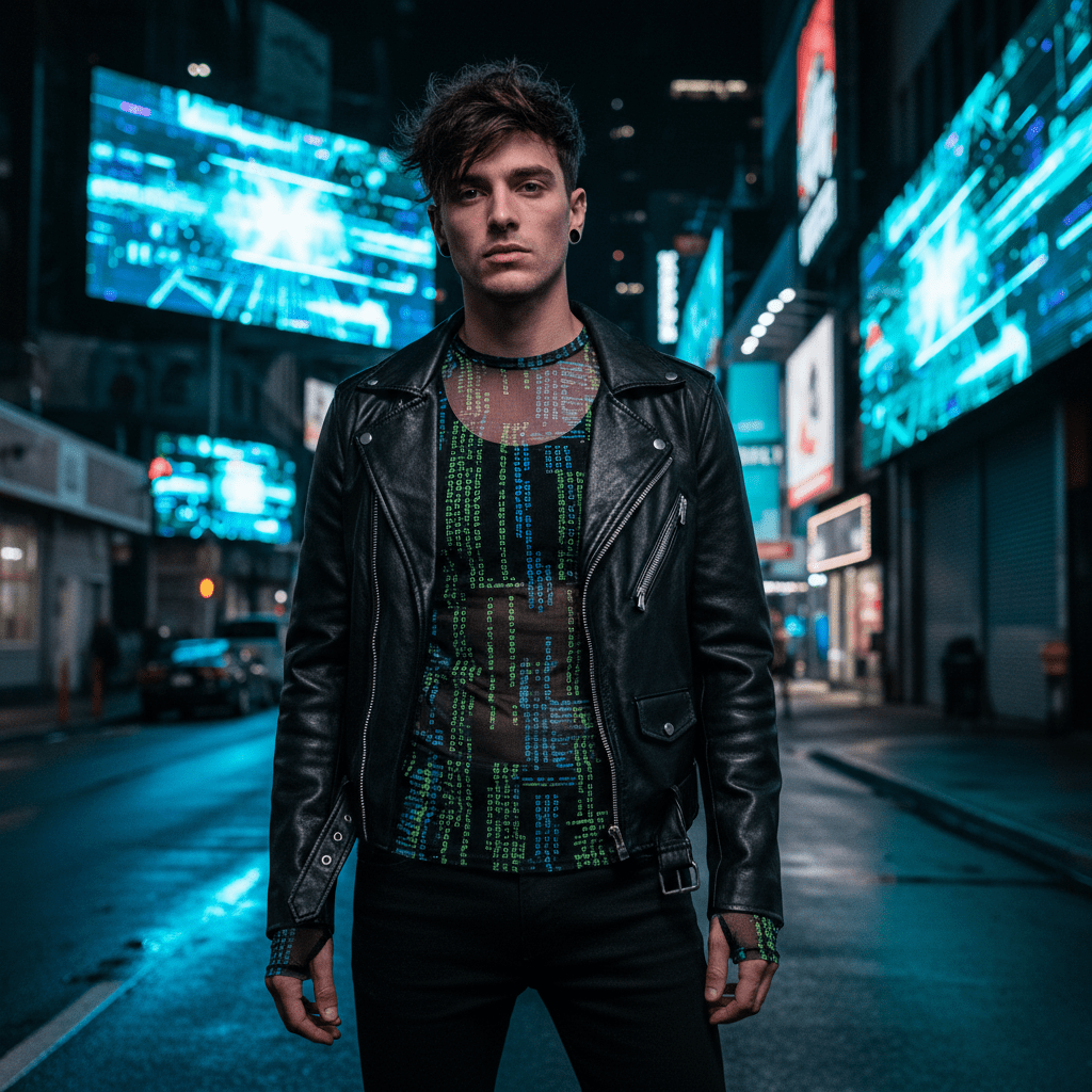 Model in Y2K mesh top with cyber-gothic prints in urban night setting.