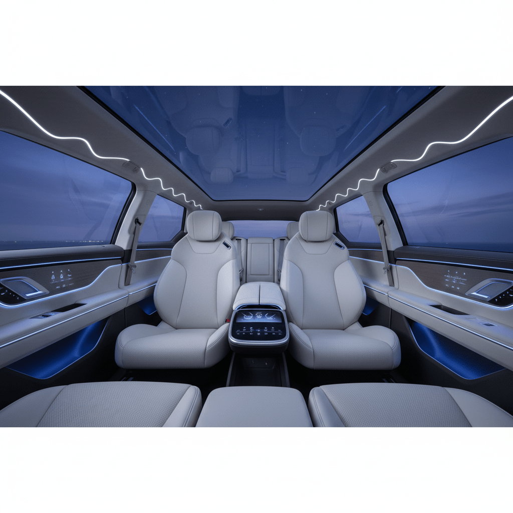 Luxurious seven-seat SUV interior with blue LED wave lighting and premium leather seating.