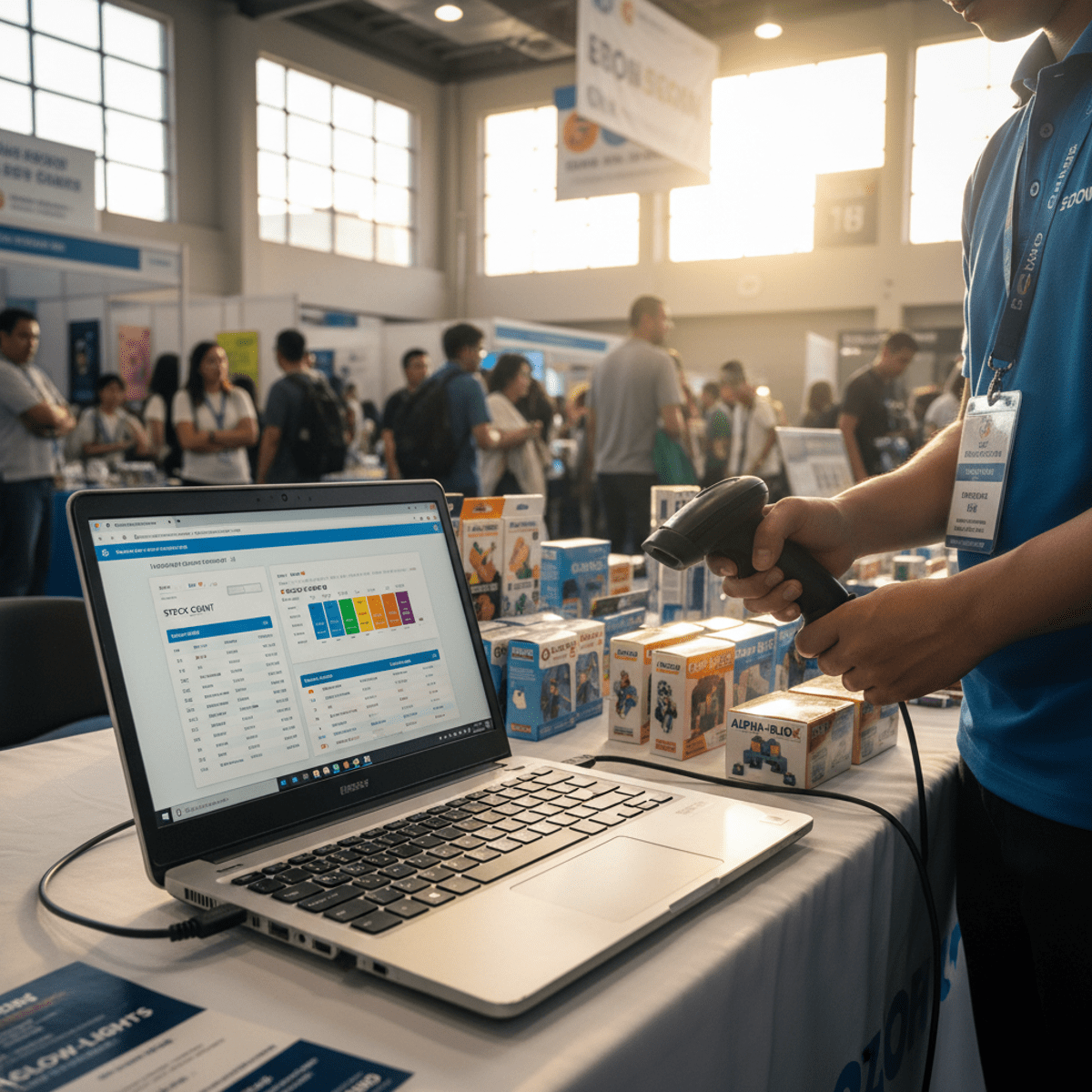 Portable budget laptop scanning inventory with barcode scanner at trade show.