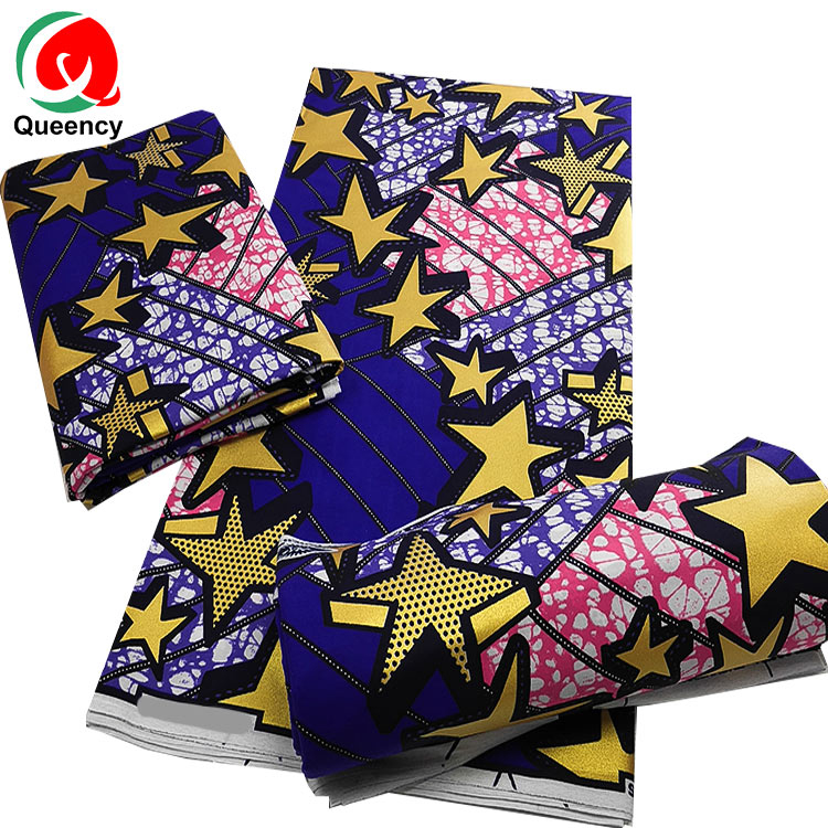 Queency голландское качество, мягкая африканская восковая ткань Atamfa, 100% хлопок, печать, Золотая восковая ткань в звездных узорах