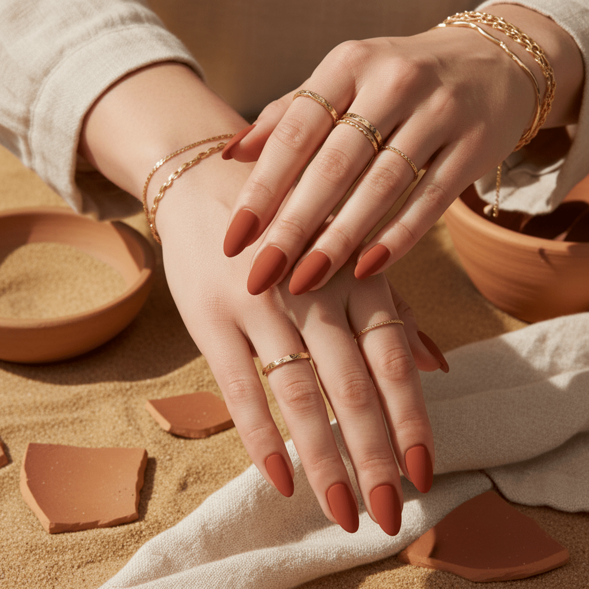 Hands with terracotta matte nails adorned with gold jewelry against a desert sand backdrop.