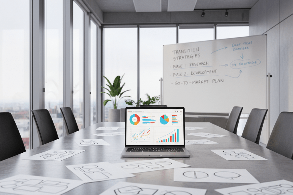 Wide shot of an office table with sketches, laptop analytics, and whiteboard notes under natural light, representing systematic business strategy