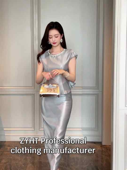 Satin Elegant Office Skirt Top Set For Ladies