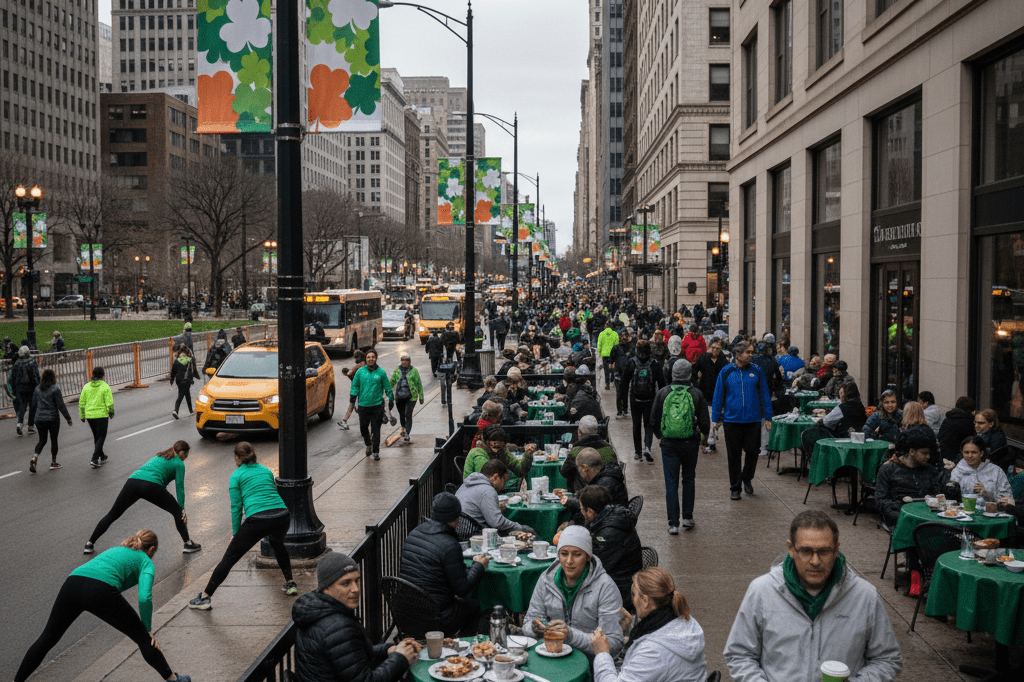 Runners stretching near Grant Park alongside busy restaurants under natural morning light, highlighting seasonal business opportunities
