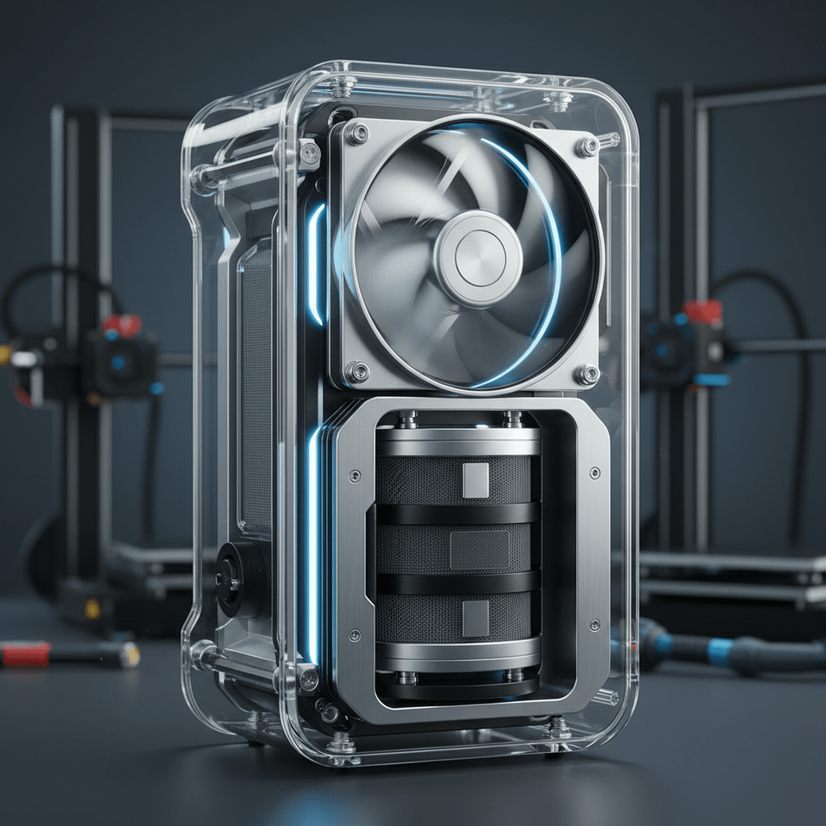 Futuristic air filter device with high-precision fan and filters. Close-up of a futuristic air filtration device with a spinning fan and cylindrical filters.