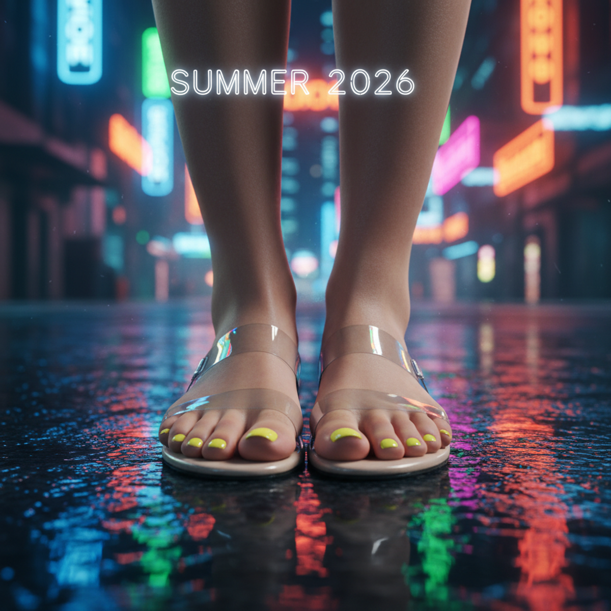 Bold acid yellow pedicure on feet in clear vinyl sandals on wet pavement at night.