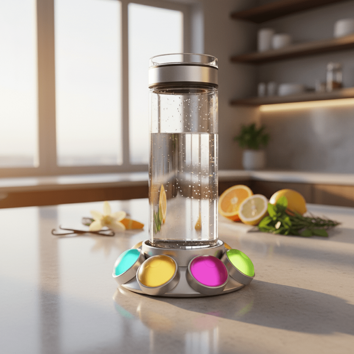 Modern water bottle with colorful flavor pods on a sleek kitchen counter.