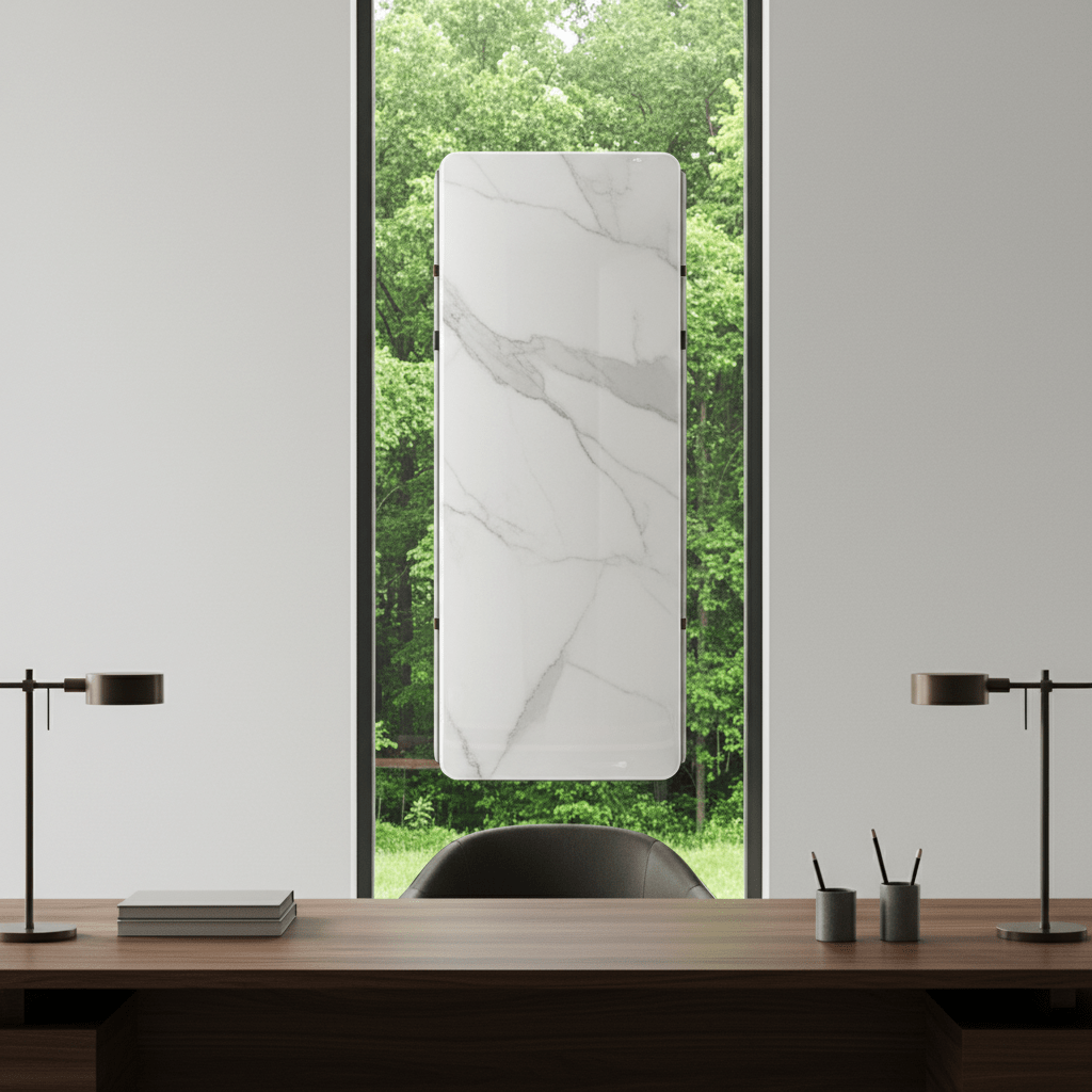 Stylish office air conditioner with faux marble front panel, overlooking lush greenery.
