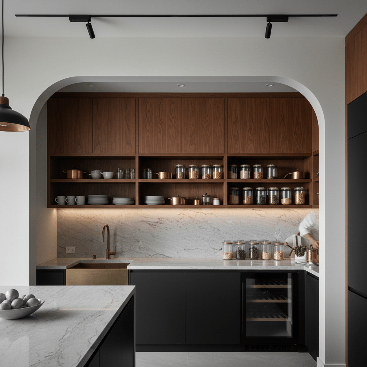 Organized butler's pantry with floor-to-ceiling shelving and stone counter.
