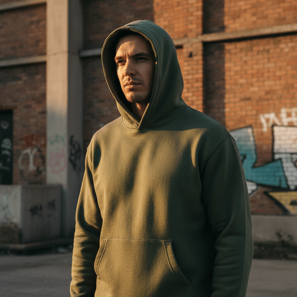 Men's fatigue green utilitarian hoodie with grainy cotton fleece texture.