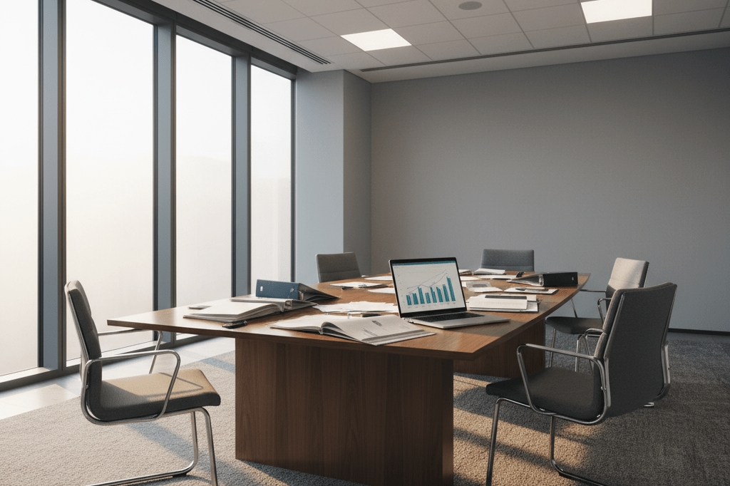 Meeting Room Transition After Leadership Departure Modern office meeting space with documents and laptop under natural light, symbolizing post-leadership change adjustments