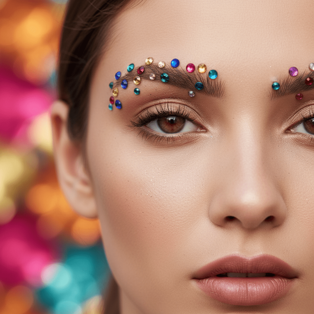 Close-up of 90s-inspired eyebrows with tiny multicolored rhinestones and subtle glitter.