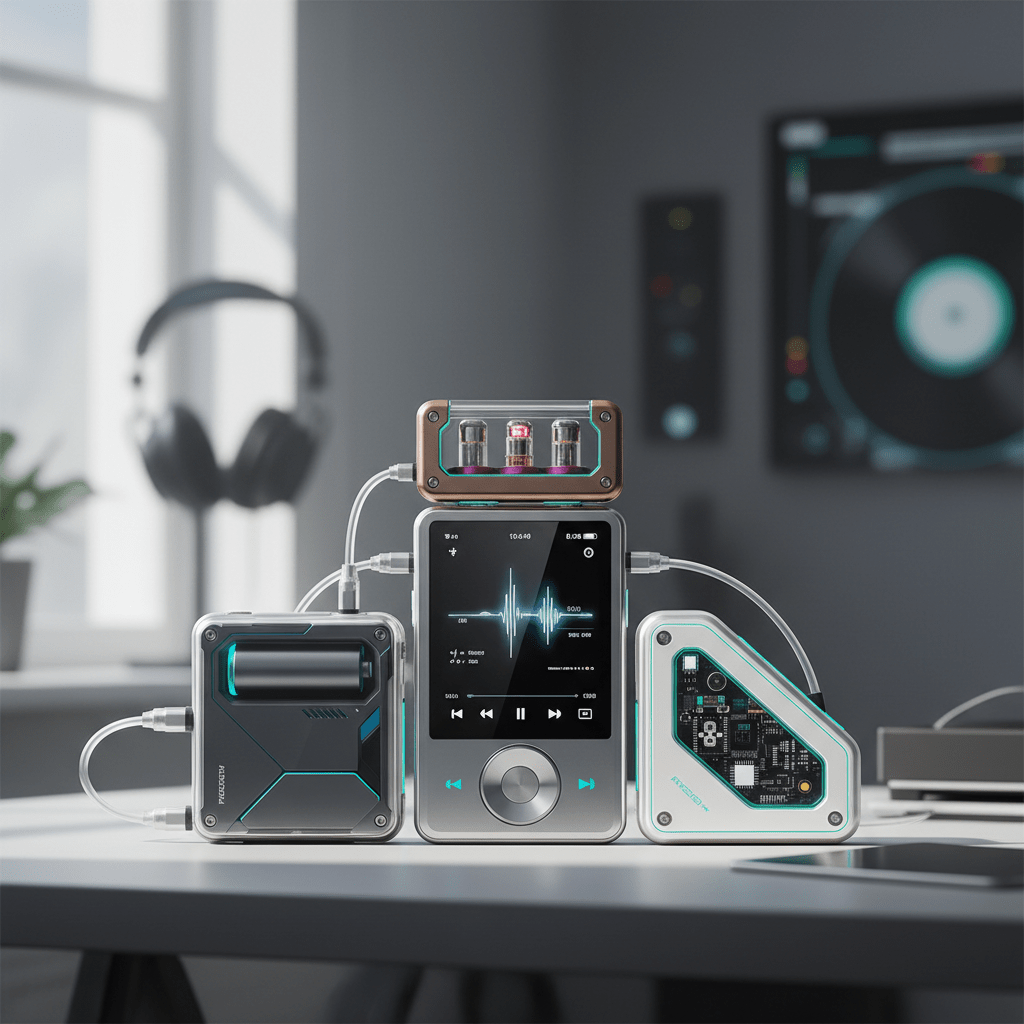 Customizable MP3 player with battery, DAC, and amp modules on a minimalist desk.