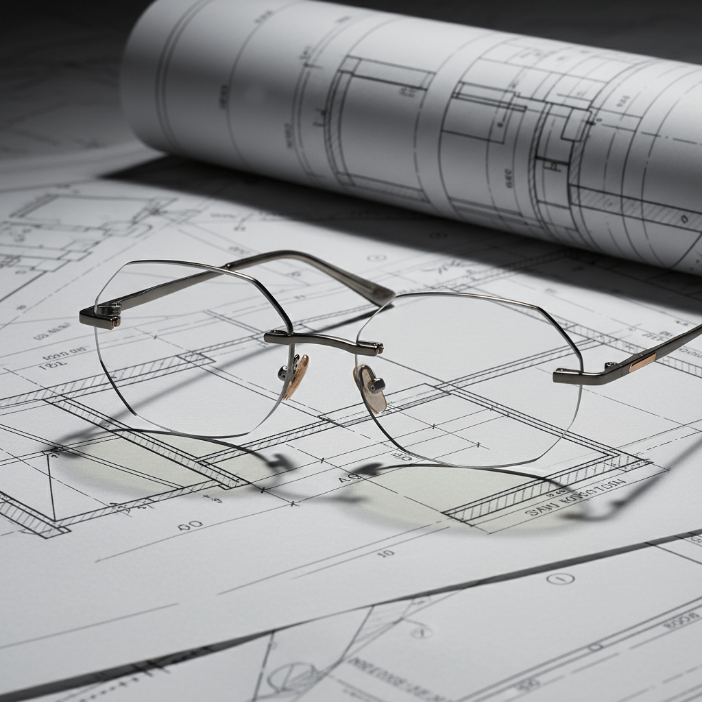 Sleek octagonal bifocal lenses with gunmetal finish on a blueprint-covered drafting table.