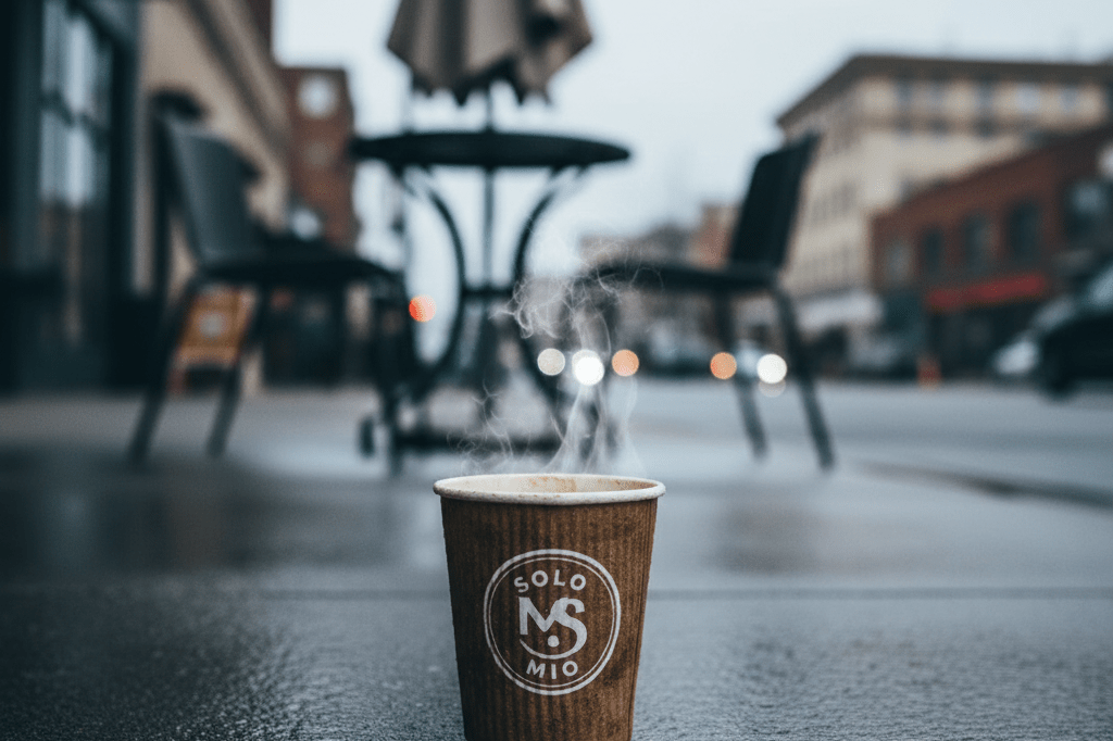A lone branded coffee cup on a wet city sidewalk under overcast light, symbolizing emotional storytelling in guerrilla marketing