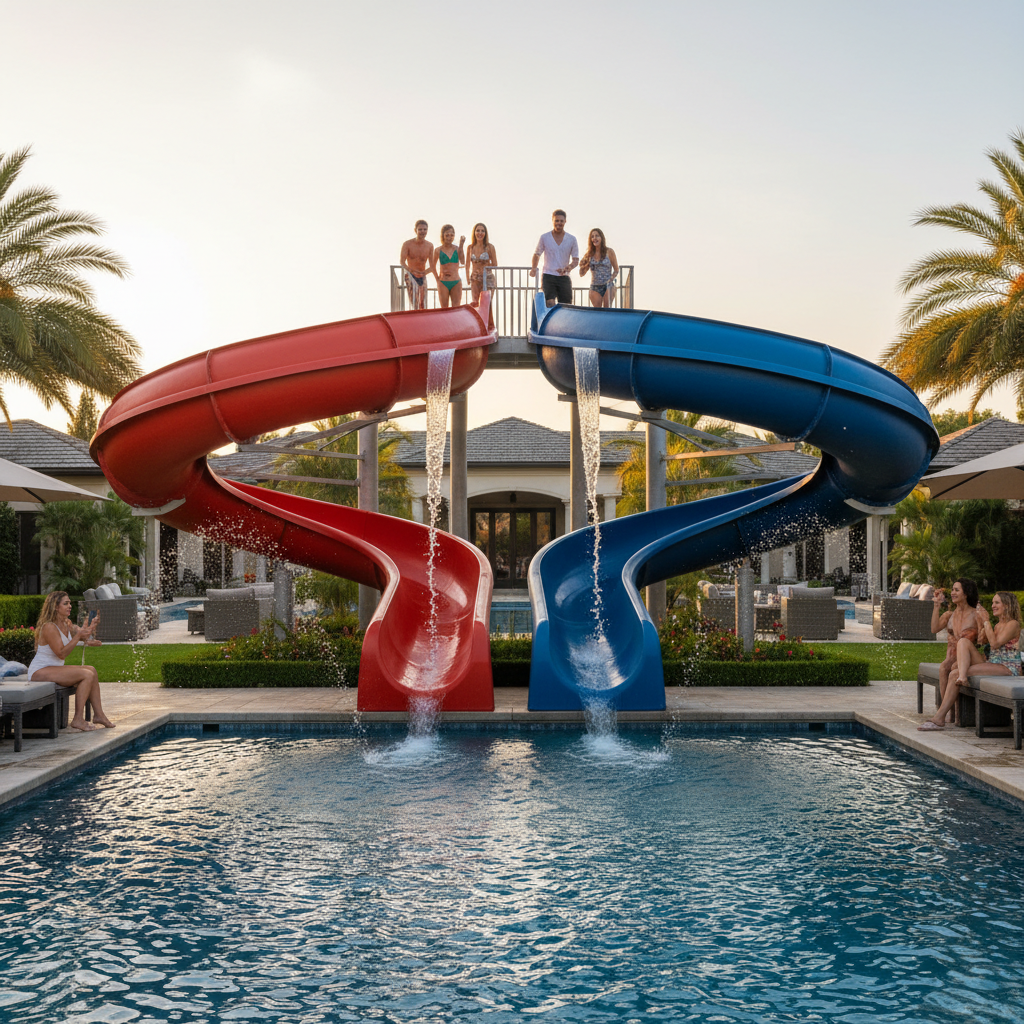 Two vibrant red and blue pool slides ready for guests to race.