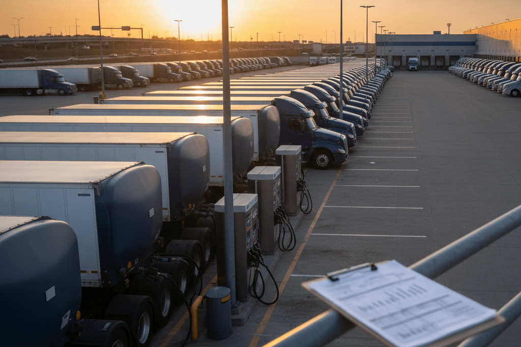 Row of commercial trucks parked at a fueling station during excise reduction period, showcasing logistics optimization opportunity