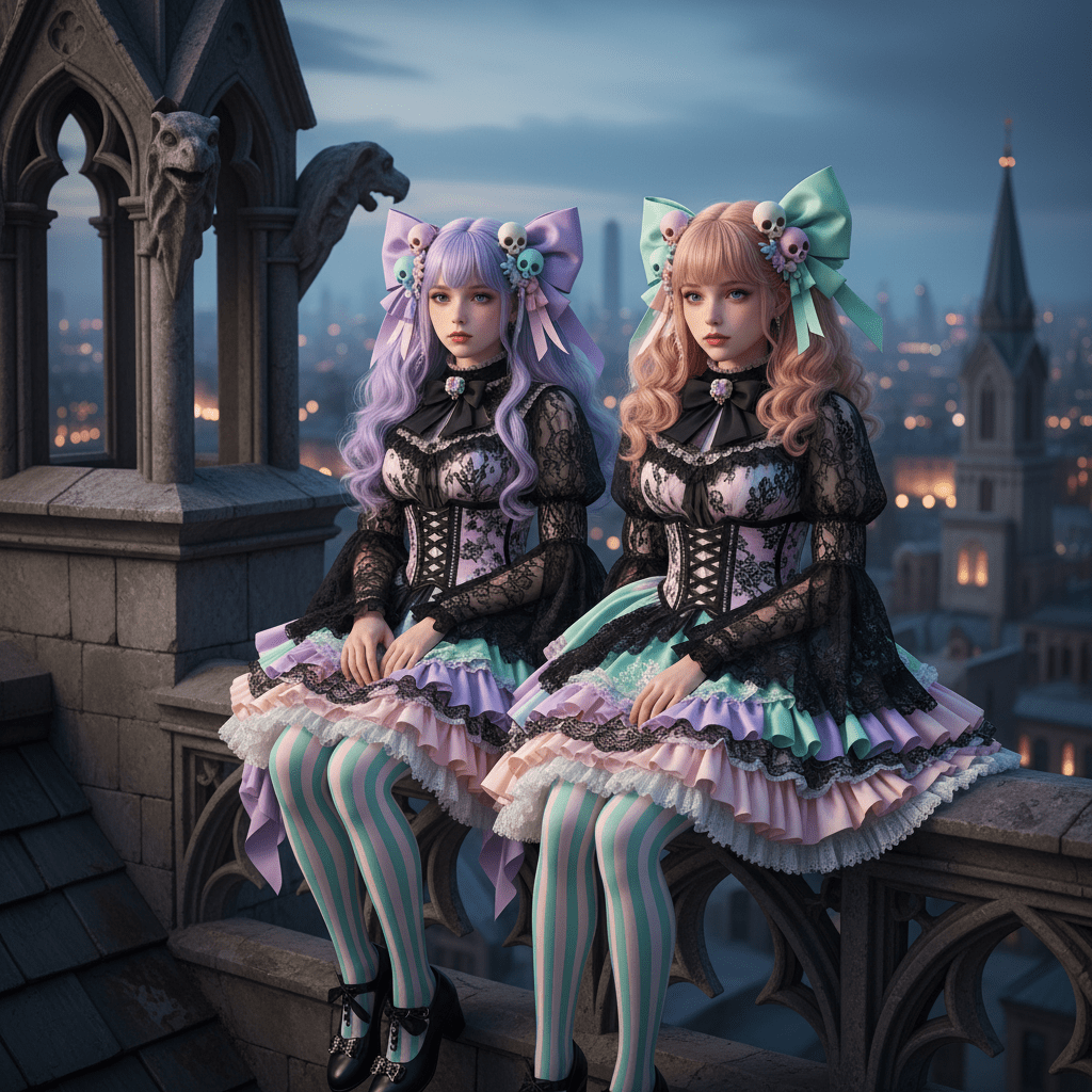 Shoujo manga girls in pastel goth fashion on a gothic rooftop at twilight.