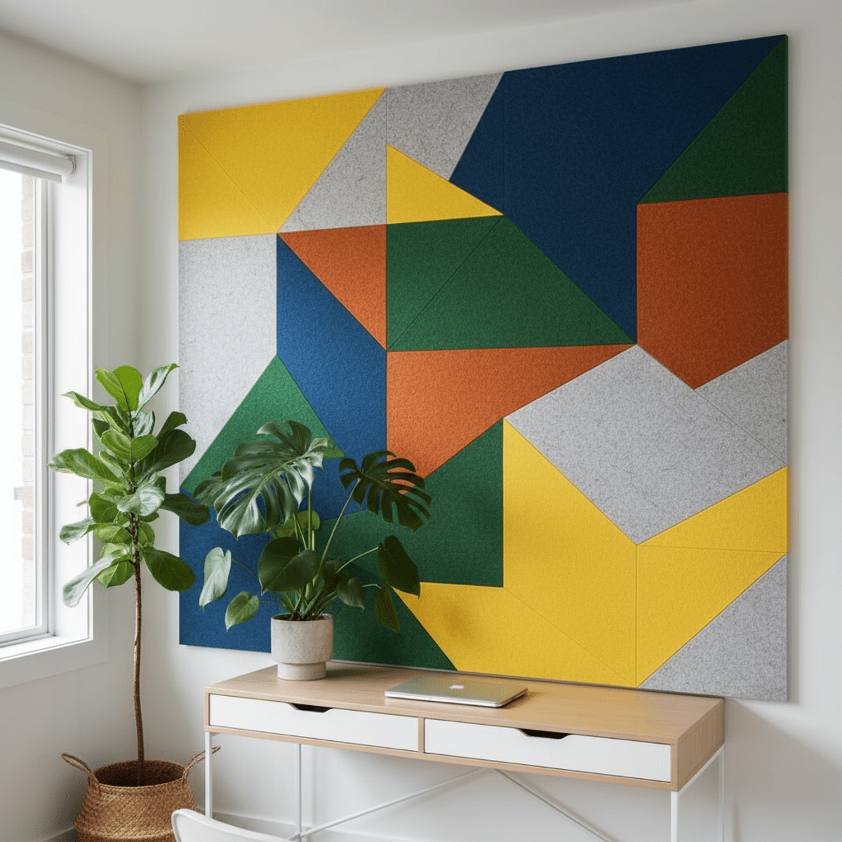 Vibrant geometric PET felt wall panels in a modern office Modern geometric PET felt wall panels crafted from recycled plastic bottles in a home office.