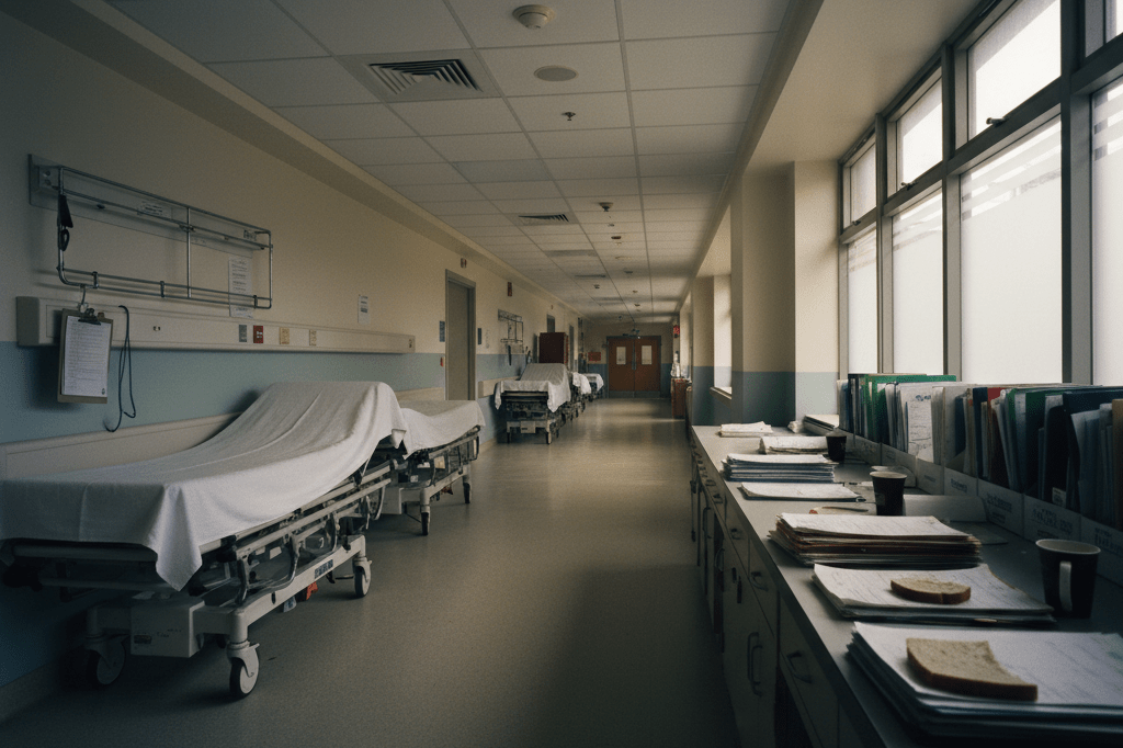 Empty hospital corridor with stretchers and medical supplies under soft ambient light symbolizing workforce vulnerabilities