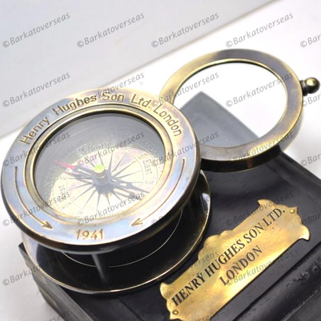 Large 10/'/' Antique Brass Henry Hughes Magnifying Nautical With Leather Case