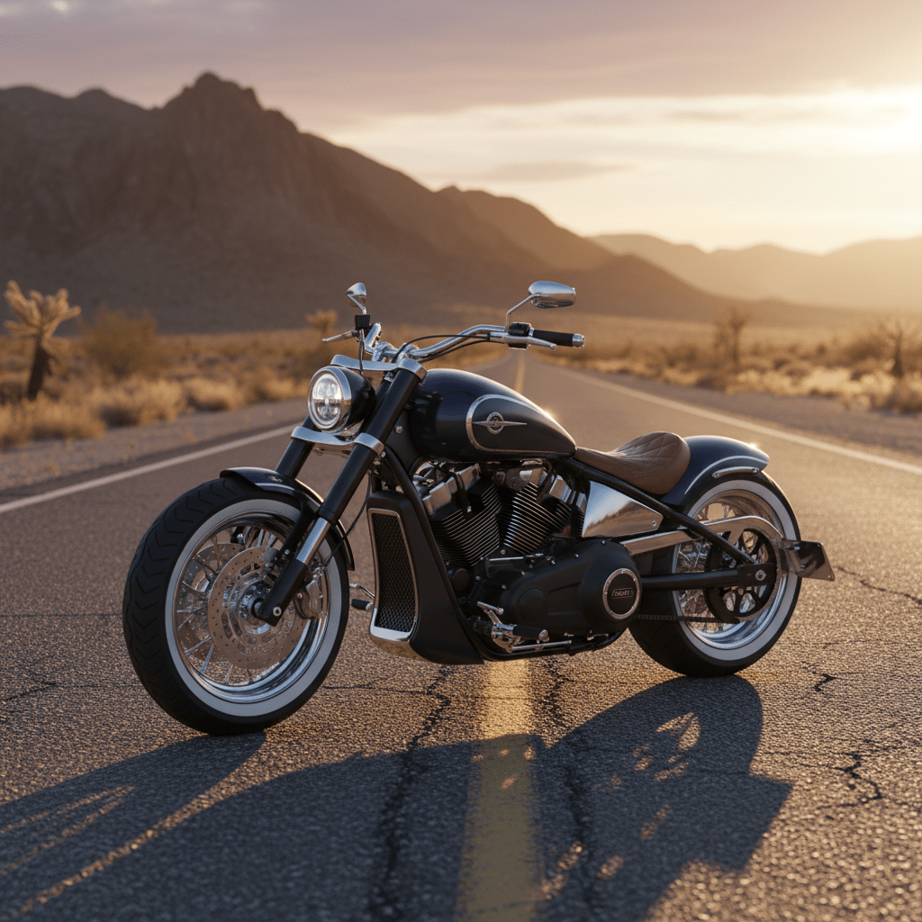 Neo-retro automatic cruiser motorcycle on a desert highway at golden hour.